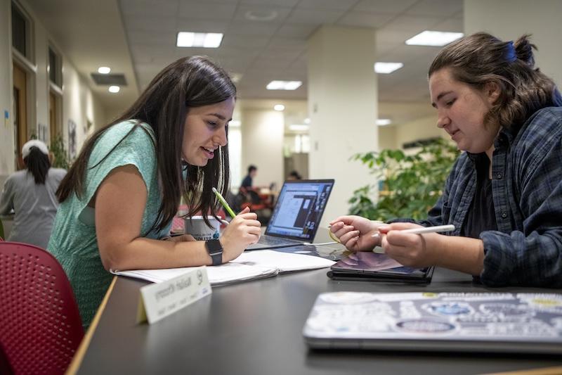 Two students on a table studying